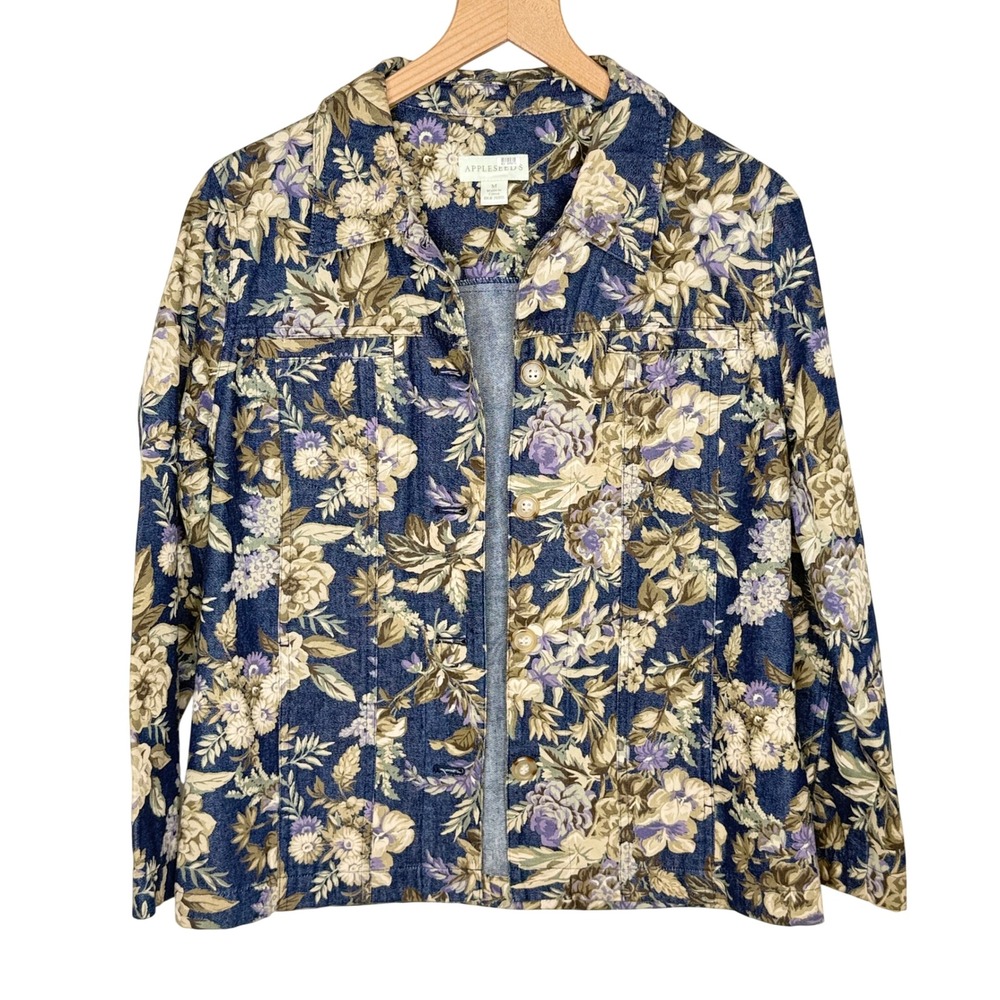 Appleseeds Blue Floral Denim Jacket M Blue Trucker Cottagecore Grandmacore Boho